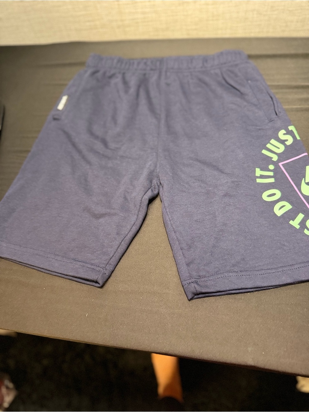 Nike Men’s Navy Athletic Shorts with Neon Green & Purple Logo
